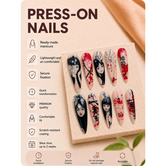 Dark Japanese Manga Style Press‑On Nails,Blood Splatter Spider Web Letter Long Almond False Nails